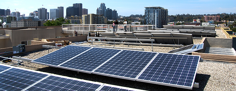 Solar panel on rooftop of multifamily housing