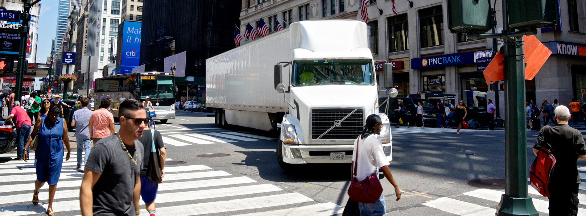 Tractor-Trailer and Pedestrians Crossing, 7th Avenue, Manhattan